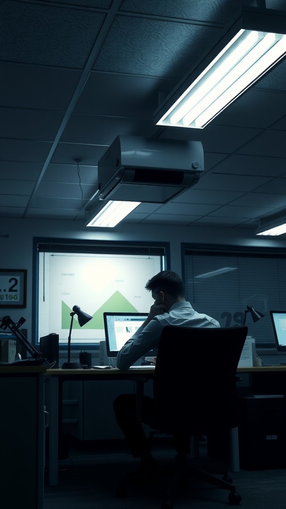 A dimly lit office space with flickering fluorescent lights and a person working at a desk