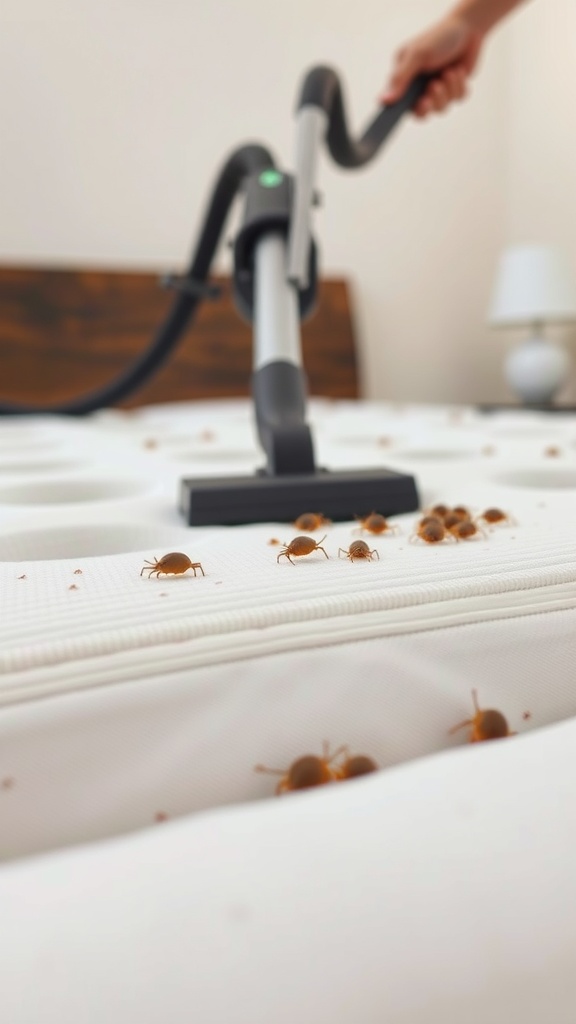 A close-up of a vacuum cleaner cleaning a mattress with visible dust mites.