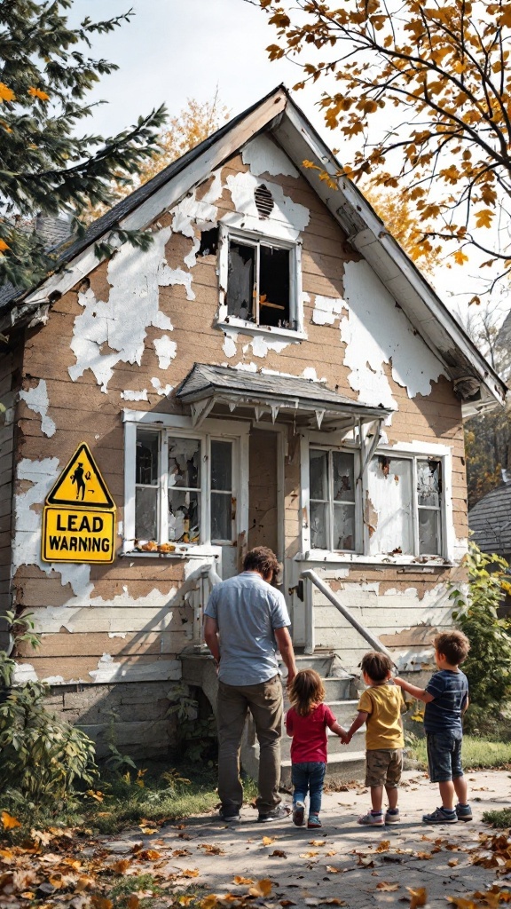 A man and a child standing in front of a house with lead warning signs.