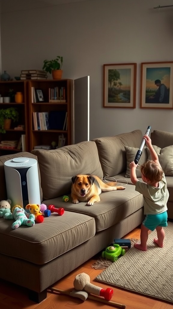 A child playing with toys next to a dog on a couch, with a visible air purifier in the background.