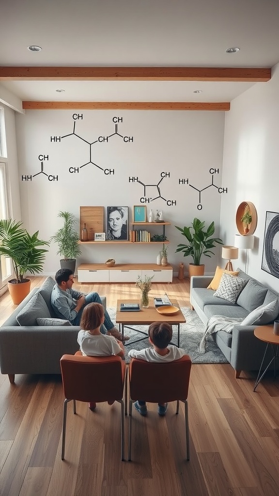 A modern living room with furniture and chemical compound illustrations on the wall.