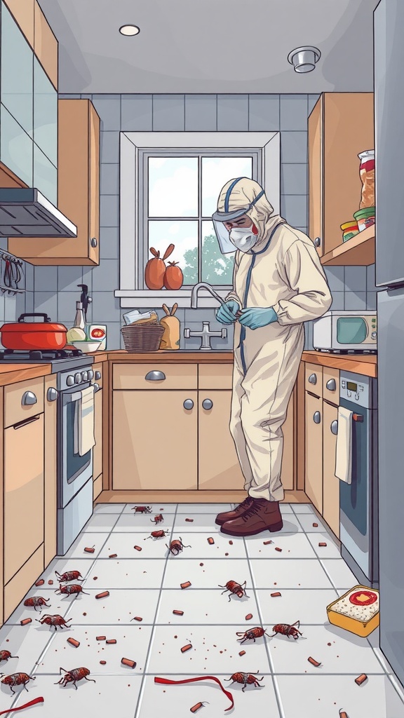 A person in protective gear dealing with a pest infestation in the kitchen.