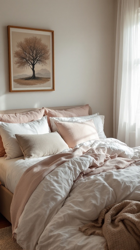 A small bedroom featuring a bed with layered bedding in neutral tones and light blue accent pillows, complemented by sheer curtains.