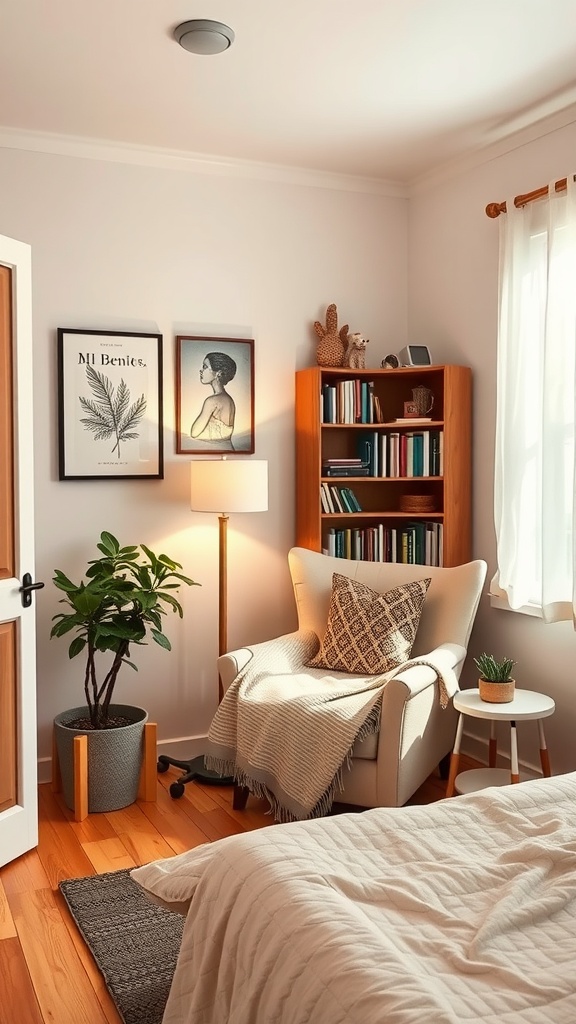 Cozy reading corner in a small bedroom with an armchair, bookshelves, and plants