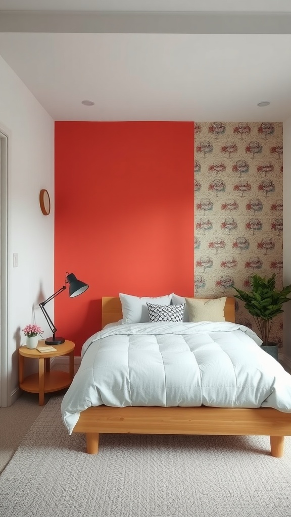 Small bedroom featuring a red accent wall and patterned wallpaper, with light wood furniture and decorative elements.