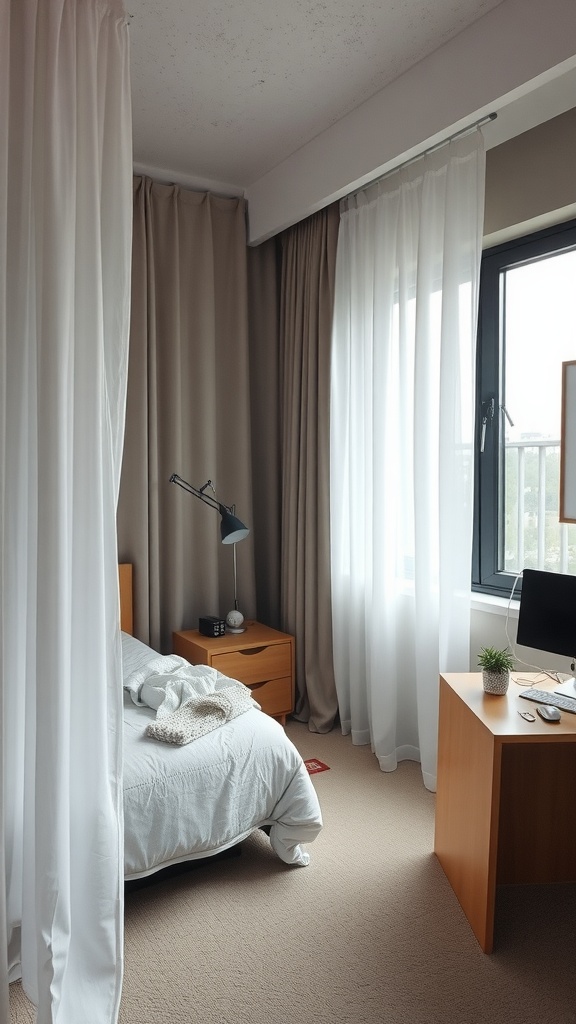 A small bedroom featuring curtains as room dividers, creating separate areas for sleeping and working.