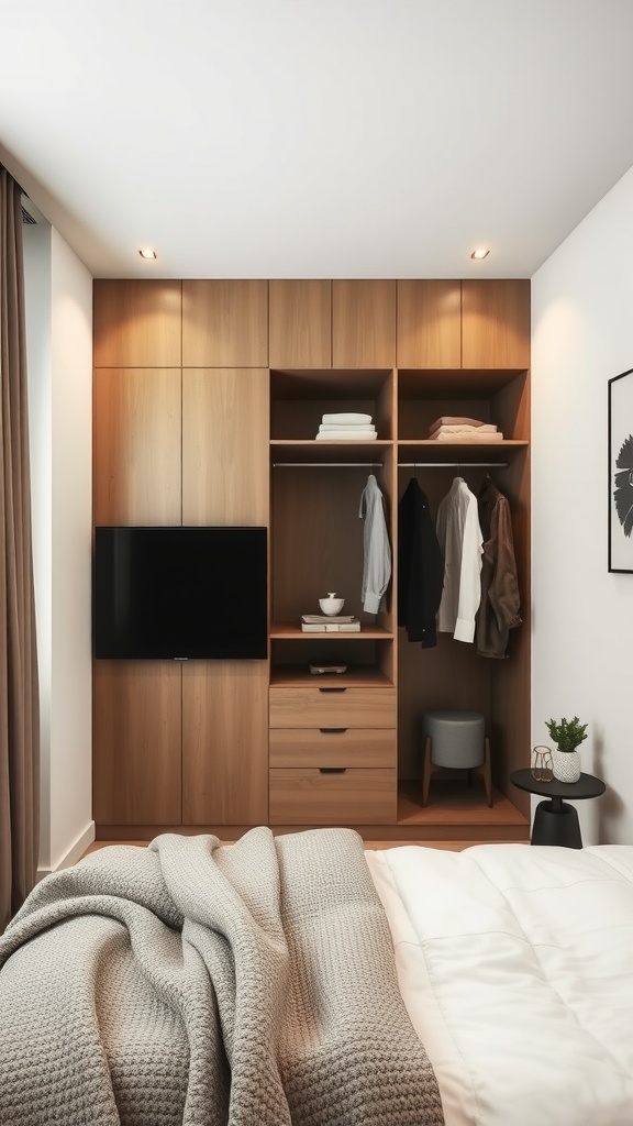 A small bedroom featuring a built-in wardrobe with wooden finish, open shelves, drawers, and a television.