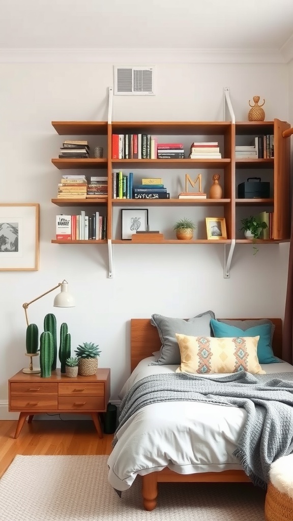 A small bedroom with wooden floating shelves above the bed, filled with books and decorative items.