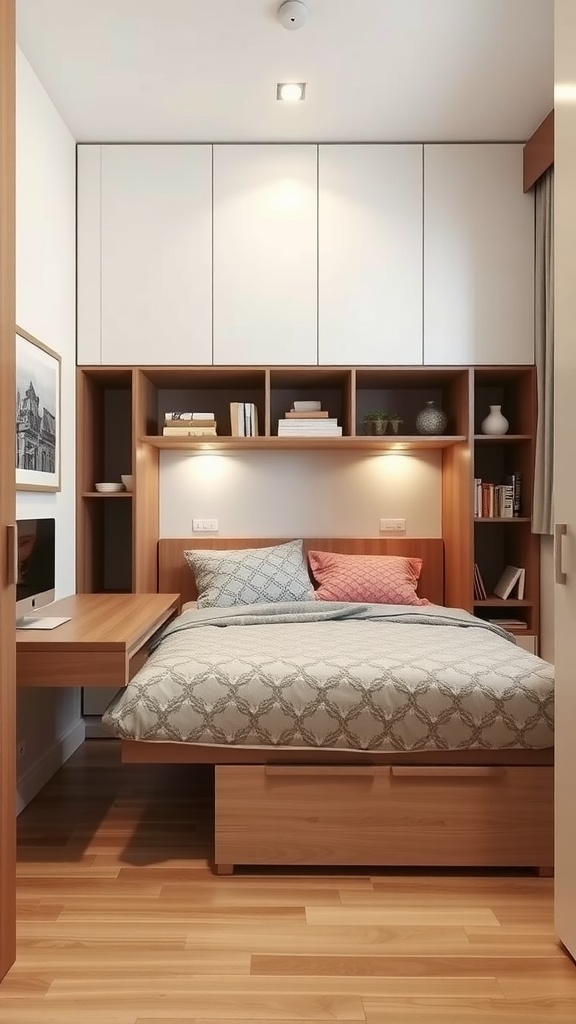 Cozy small bedroom with multi-functional furniture, including a bed, desk, and storage drawers.