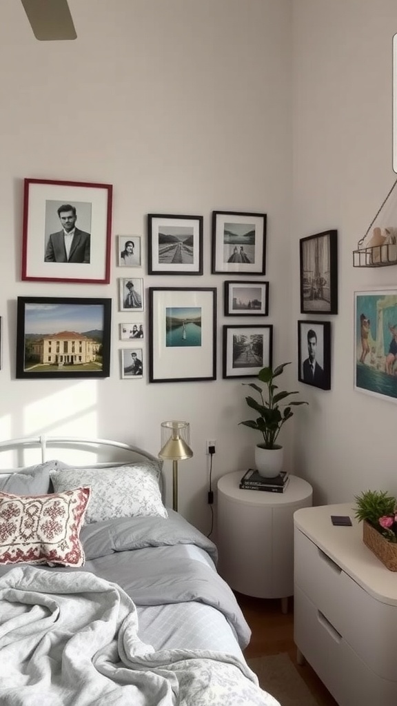 A small bedroom featuring a gallery wall with framed photos and art, a bedside table, and a plant.