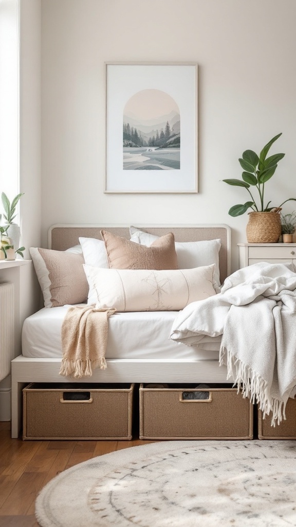 A view of a small bedroom with storage boxes under the bed, showcasing smart storage solutions.