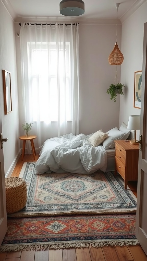 A small bedroom featuring a bed on an area rug, creating a cozy defined space.