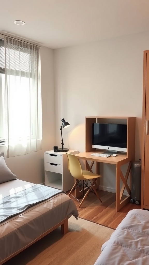 A small bedroom with a bed, desk, folding chair, and wall shelves, showcasing efficient use of space.