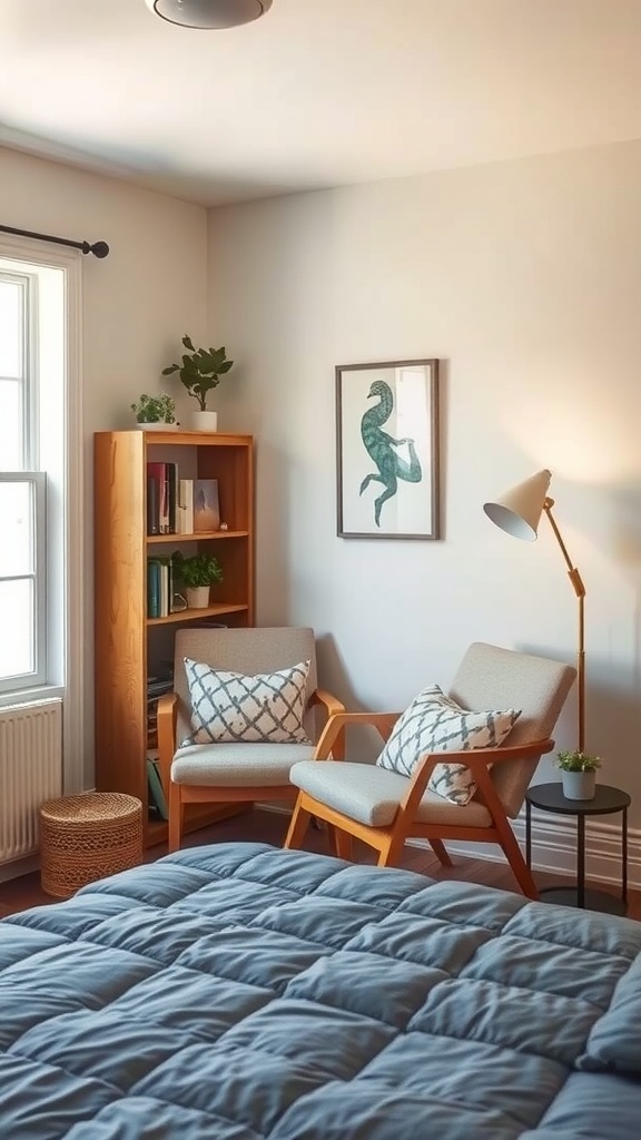 A small bedroom featuring a cozy reading nook with a chair and bookshelves.