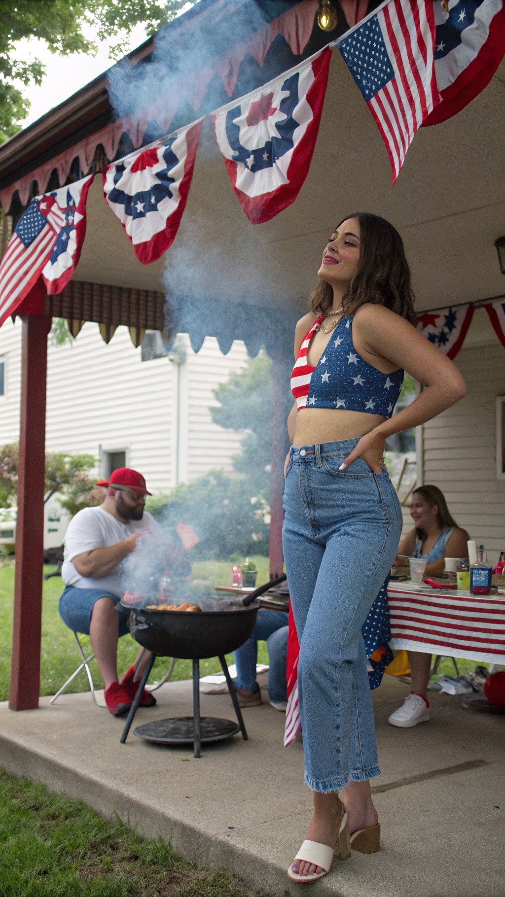 Woman in a patriotic crop top with high-waisted jeans, posing confidently outdoors, surrounded by festive decorations.