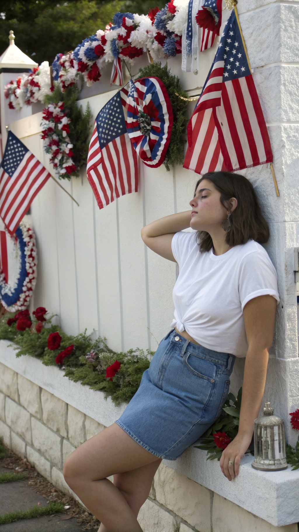 Woman wearing a classic white tee and denim skirt posing in front of a decorated wall for Memorial Day.