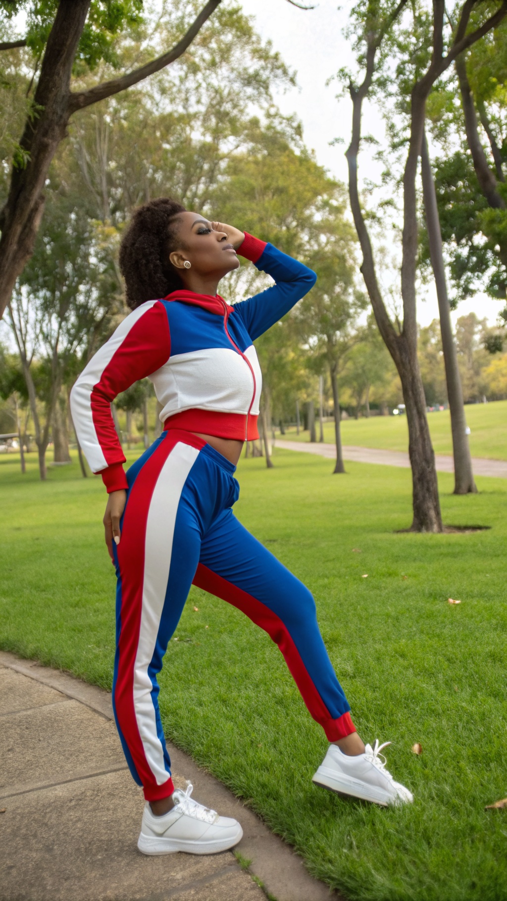 A woman posing in a sporty red, white, and blue athleisure set, highlighting a confident and playful attitude in a park setting.