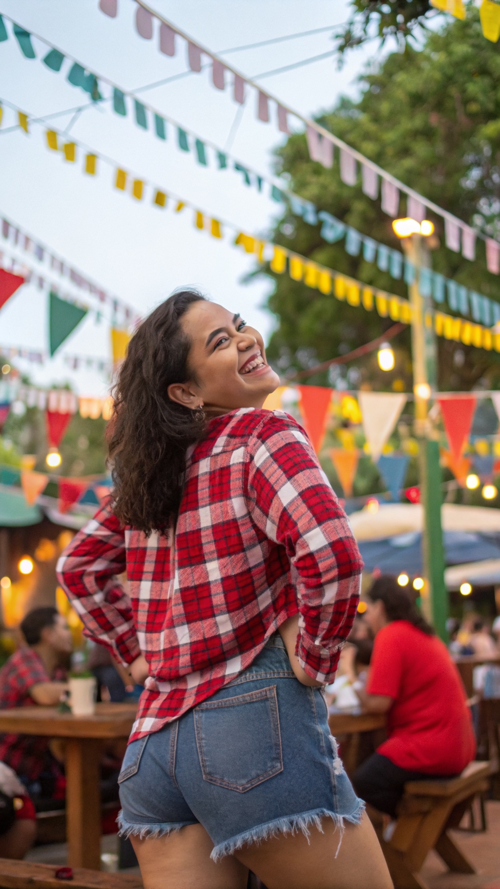 A woman posing in a red and white plaid shirt and denim cutoffs, smiling joyfully.