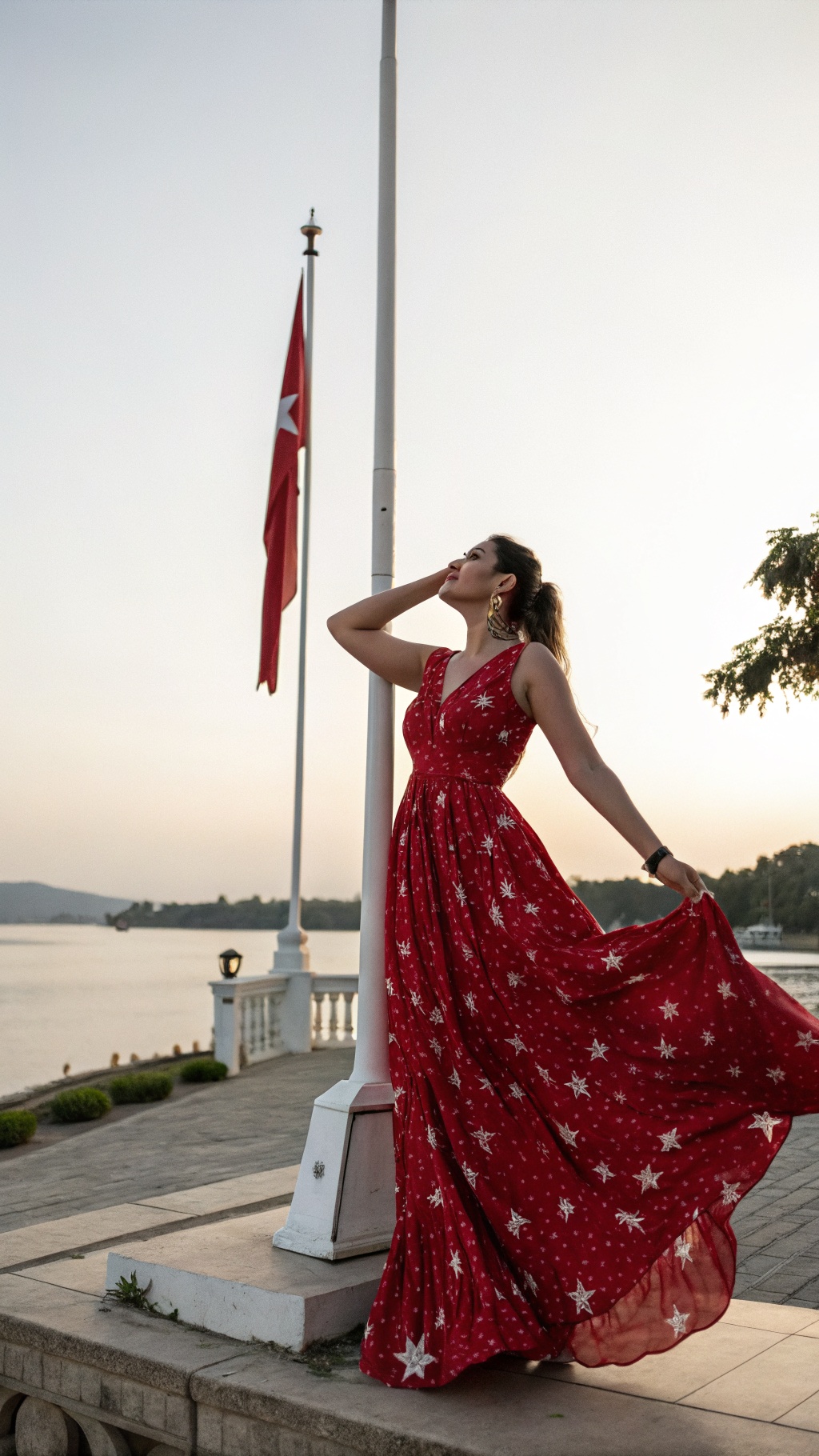 A woman in a red maxi dress with a star pattern, posing by a riverbank at sunset.